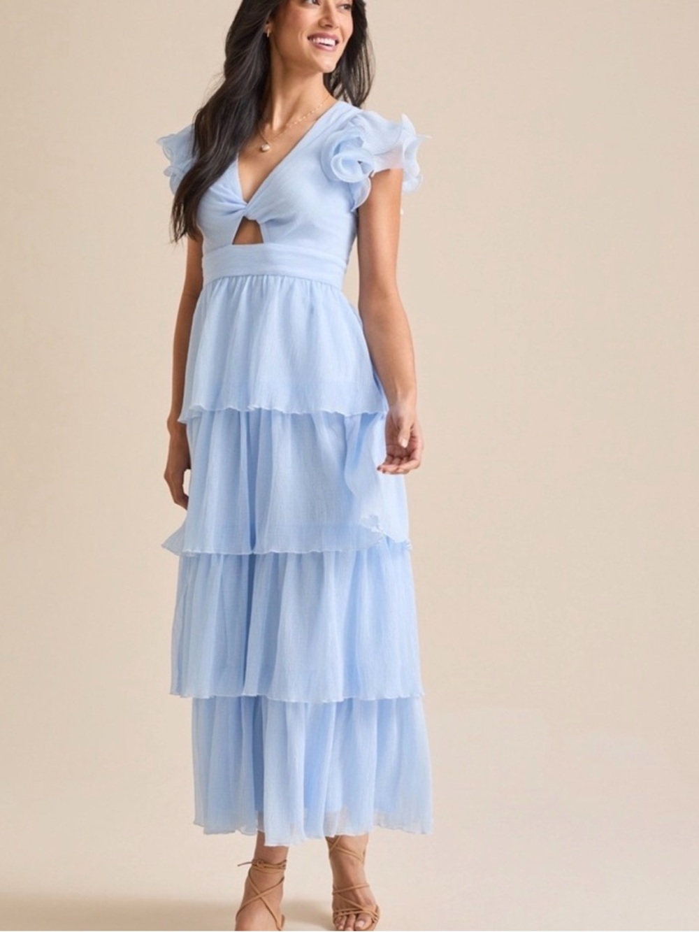 Altar'd State Powder Blue Tiered Maxi Dress with Ruffle Sleeves